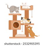 Cats playing in the cat tower. Illustration of a multi-cat household.