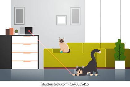 cats playing with interactive laser toy fluffy adorable cartoon animals domestic kitty home pets concept modern living room interior flat horizontal vector illustration