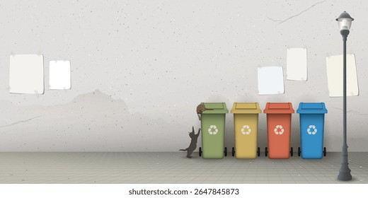 Cats playing on colorful recycle bins on the sidewalk have old concrete wall background with old blank posters stuck on it graphic illustration.