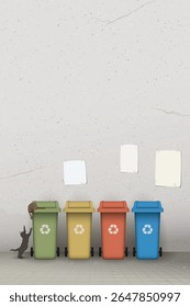 Cats playing on colorful recycle bins on the sidewalk have old concrete wall vertical background with old blank posters stuck on it graphic illustration.