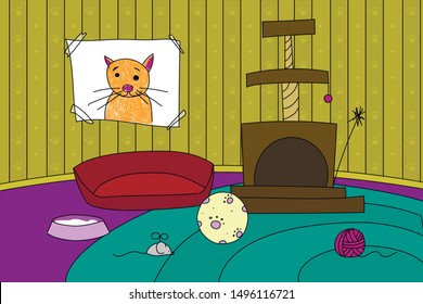 cats playing room background with big cats house and toys