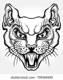 Cat's portrait made in an old-stylized tattoo. Vector illustration for coloring book, t-shirts, tattoo art, boho design, posters, textiles. Isolated vector illustration.