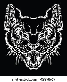 Cat's portrait made in an old-stylized tattoo. Vector illustration for coloring book, t-shirts, tattoo art, boho design, posters, textiles. Isolated vector illustration.