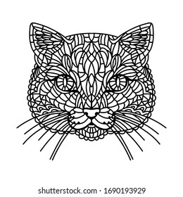 Cat's portrait stylized. Hand drawn, line art black and white doodle illustration design for coloring book page and tattoo