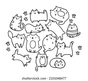 Cats pose hand drawn doodle collection.