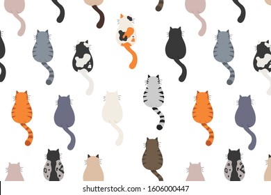 Cats poses behind. Cat`s butts. Flat design pattern. Vector illustration