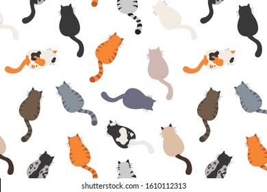 Cats poses behind. Cat`s butts. Flat design pattern. Vector illustration