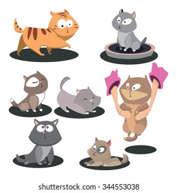 Cats poses on a white background. Cartoon cats isolated.Cool cats.