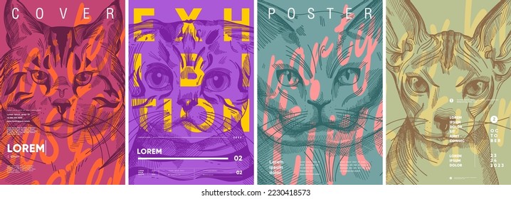 Cats. Poster or label design. Set of vector illustrations. Typography. Vintage pencil sketch. Engraving style. Labels, cover, t-shirt print, painting.