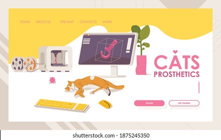 Cats prosthesis landing page template. Vector vibrant banner with 3d printer, desktop monitor and kitten without leg