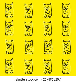 Cats with protruding tongue drawn black marker on yellow paper. Cats background. Wrapping paper for gifts. Seamless pattern with domestic animal.