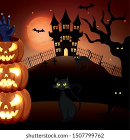 cats with pumpkins and haunted castle in halloween scene