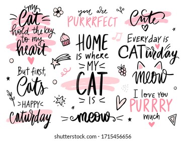 Cats quotes set, meow lettering, fashion kitty phrases. Cute vector set with funny sayings. Collection for stickers, clothes or t-shirt print, home decor.