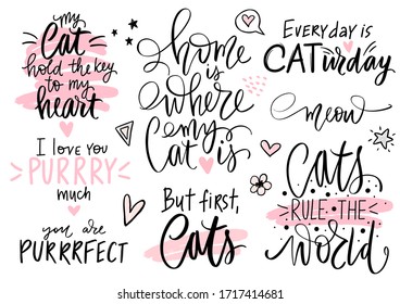 Cats quotes set, meow lettering, fashion kitty phrases. Cute vector set with funny sayings. Collection for stickers, clothes or t-shirt print, home decor.