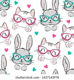 Cats and rabbit with glasses background with hearts. Print design for textiles. Seamless vector illustration.