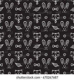 Cats and Rabbits Vector Seamless pattern. Hand Drawn Doodle Pets. Animal Background for kids