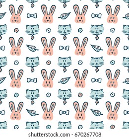 Cats and Rabbits Vector Seamless pattern. Hand Drawn Doodle Pets. Animal Background for kids