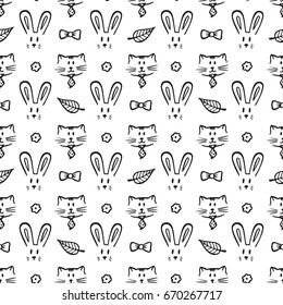 Cats and Rabbits Vector Seamless pattern. Hand Drawn Doodle Pets. Animal Background for kids