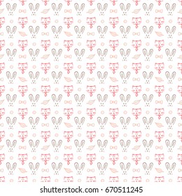 Cats and Rabbits Vector Seamless pattern. Hand Drawn Doodle Pets. Animal Background for kids