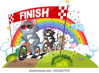 Cats racing bicycles under a colorful rainbow