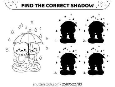 Cats in rain. Find the correct shadow. Black and white. Shadow matching game. Isolated vector illustration eps 10