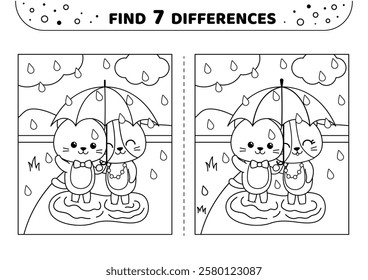 Cats in rain under thу umbrella. Cute. Find 7 differences. Black and white game for kids. Isolated vector illustration eps 10