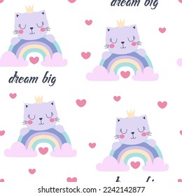 cats and rainbows fantasy seamless pattern, scandinavian style on white background, cute print for kids