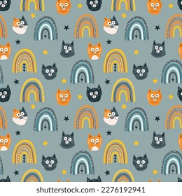 Cats and rainbows. Vector illustration, seamless pattern