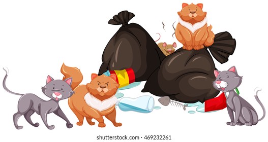 Cats and rat around the garbage pile illustration