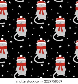  Cats with red hat. Seamless pattern with funny cats and stars