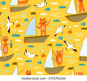 Cats in regatta, nursery animal background, vector kids sport backdrop
