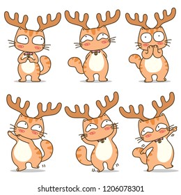 Cats in reindeer costume character design in different emotions and expressions
