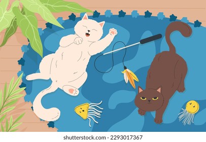 Cats relaxing at home. White kitten lies on its back, brown pet plays with toys on string. Comfort and coziness in apartment. Domestic animals resting. Cartoon flat vector illustration