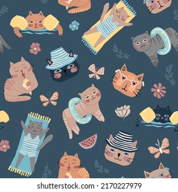 The cats are relaxing on the beach. Cute childish flat illustration in gentle pastel colors. Seamless vector pattern for fabrics, wallpapers, wrapping paper.