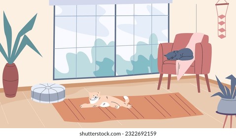 Cats relaxing in room. Living zone interior, relax area with furniture and kittens. Home decoration, inside apartment vector scene