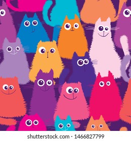 Cats repeated print. Fluffy kitten seamless pattern. Funny cartoon kitty character repeats ornament.