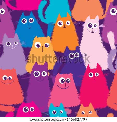 Cats repeated print. Fluffy kitten seamless pattern. Funny cartoon kitty character repeats ornament.