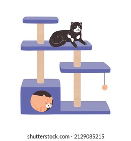 Cats rest in a luxurious cat tower. A cat tree with a scratching post, a toy and a house where the kittens sleep. The animal home in very peri color. Flat vector illustration of pet furniture isolated