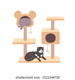 The cats are resting in the cat tower. Luxurious yellow pet house. Cat tree with a home and a scratching post. Black and white and gray kitten lie on their furniture. Flat vector illustration isolated