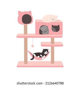 The cats are resting in the cat tower. Cat tree with a scratching post and a house where kittens sleep. Luxurious pink animal house. Flat vector illustration of pet furniture isolated on white 