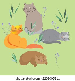 Cats are resting in a clearing, Sketch drawing, Vintage style, Suitable for postcards, cards, children's illustrations. Vector