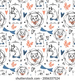 Cats, retro frame vector seamless pattern. Comic kids cartoon hand drawn illustration, doodle black contour ink line style. Funny pets animal faces, pink blue heart, bow shapes. Transparent background