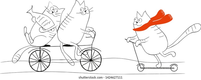 Cats riding a bicycle and a scooter flat illustration on white