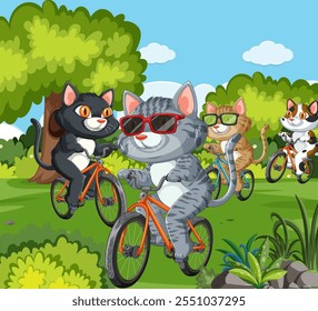 Cats riding bicycles through a lush green park