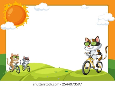 Cats riding bicycles under a bright sun