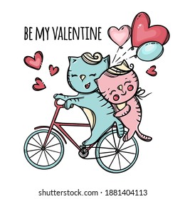 CATS RIDING TO VALENTINE DAY On Bicycle Pussycat Hugs Her Lover And Keep Balloons Cartoon Animals Hand Drawn Clip Art Vector Illustration For Print