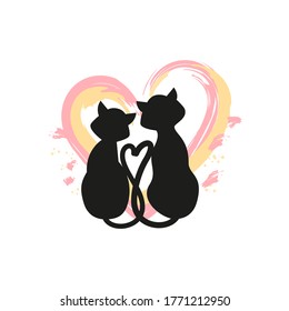 Cats romantically hug their tails. Print, heart, paint