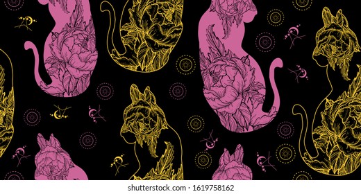 Cats and roses flowers. Seamless pattern. Packing old paper, scrapbooking style. Vintage background. Medieval manuscript, engraving art 