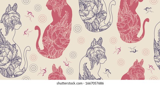 Cats and roses flowers. Seamless pattern. Packing old paper, scrapbooking style. Vintage background. Medieval manuscript, engraving art 