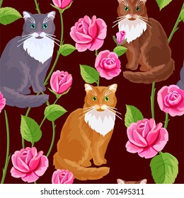 Cats and roses seamless pattern.
